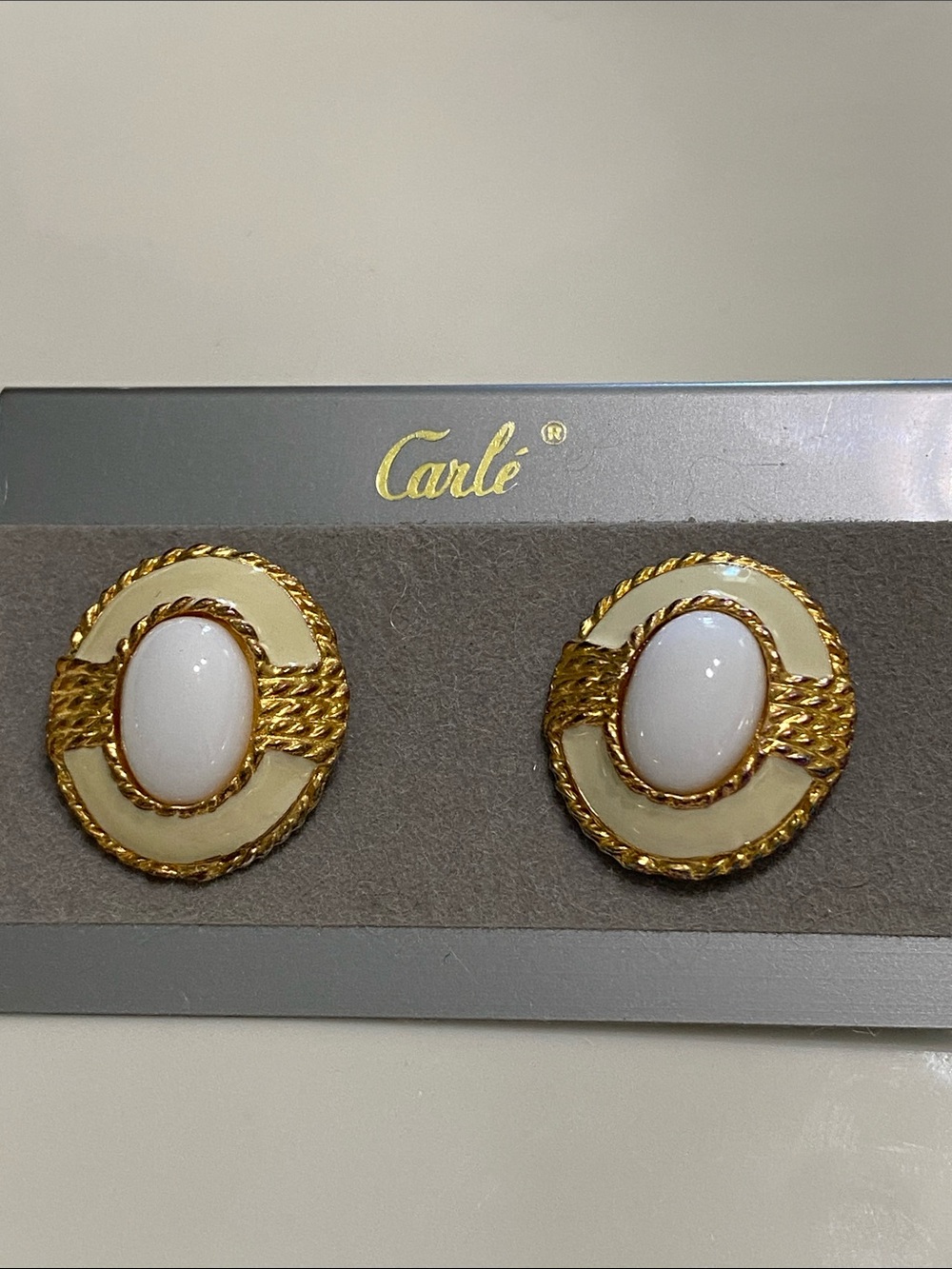 Carlé Ivory and Gold Oval Cabochon Clip-On Earrings